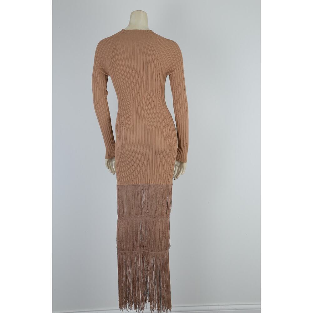 KHAITE The Cedar Fringed Ribbed Knit Long Sleeve Maxi Dress Camel Tan Size S - Picture 3 of 15